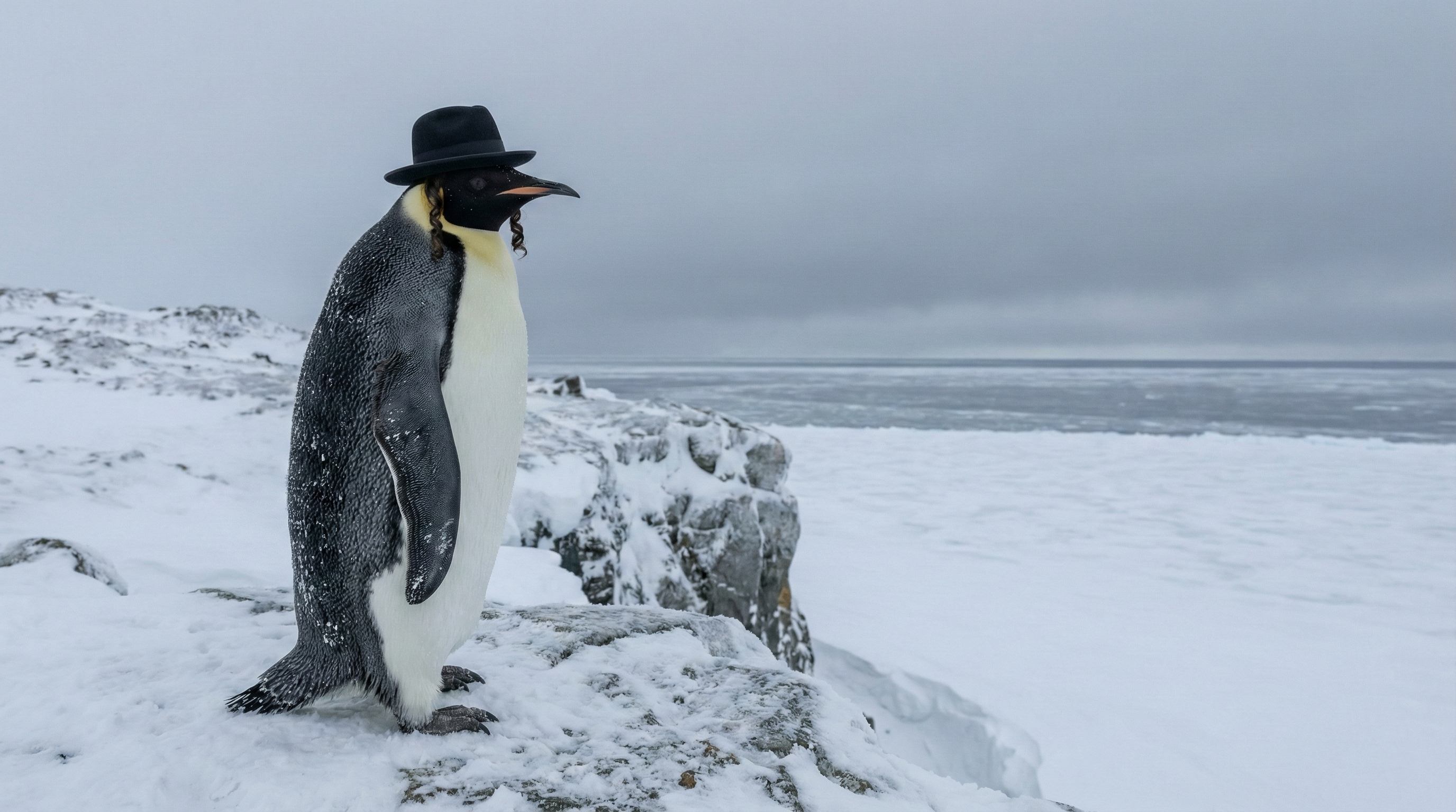 Emperor penguin wearing a black hat standing on snowy rocks